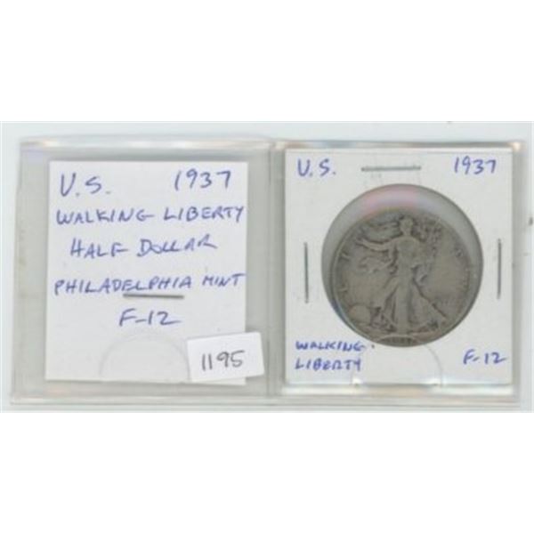 U.S. 1937 Silver Walking Liberty Half Dollar. Philadelphia Mint. F-12.