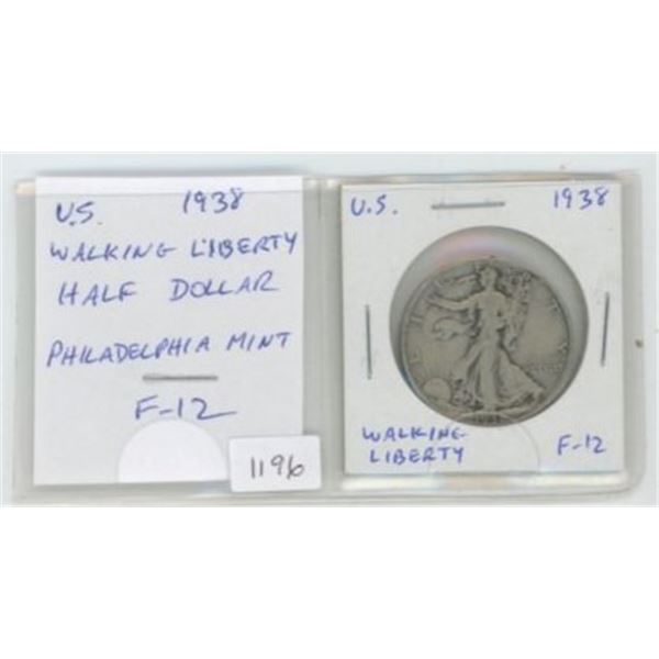 U.S. 1938 Silver Walking Liberty Half Dollar. Philadelphia Mint. F-12.