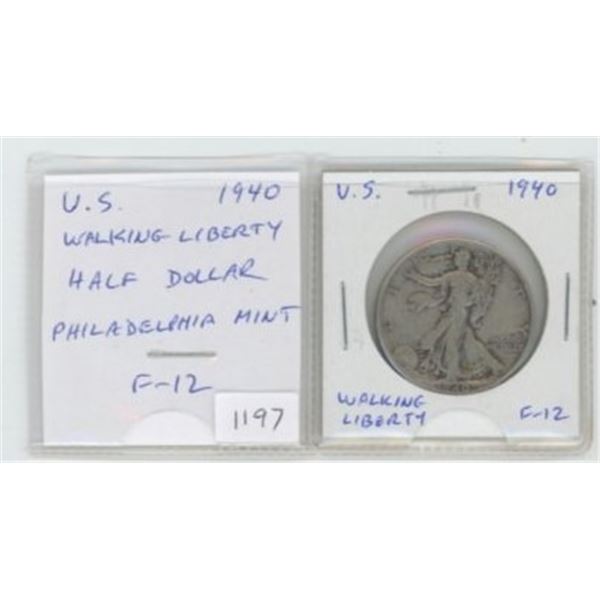 U.S. 1940 Silver Walking Liberty Half Dollar. Philadelphia Mint. F-12.