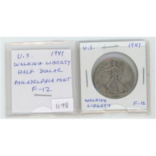 U.S. 1941 Silver Walking Liberty Half Dollar. Philadelphia Mint. F-12.