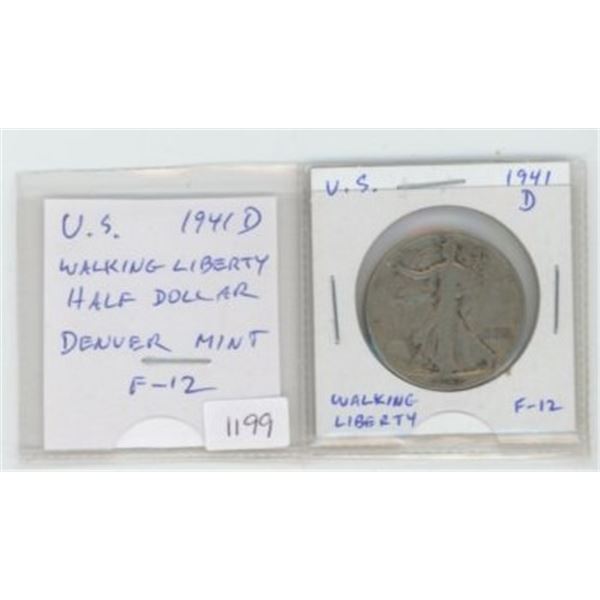 U.S. 1941D Silver Walking Liberty Half Dollar. Denver Mint. F-12.