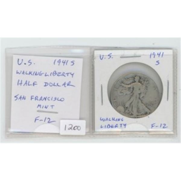 U.S. 1941S Silver Walking Liberty Half Dollar. San Francisco Mint. F-12.