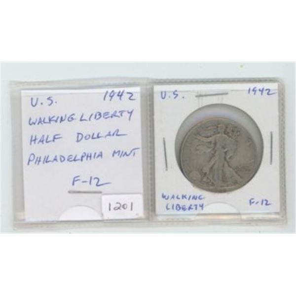 U.S. 1942 Silver Walking Liberty Half Dollar. Philadelphia Mint. F-12.