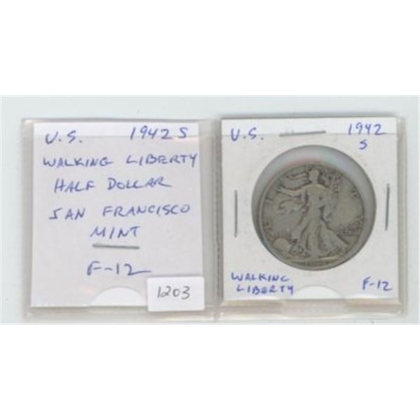 U.S. 1942S Silver Walking Liberty Half Dollar. San Francisco Mint. F-12.