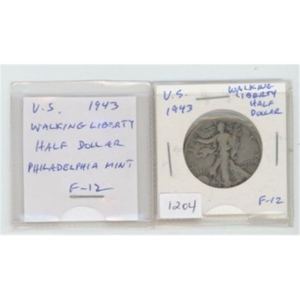 U.S. 1943 Silver Walking Liberty Half Dollar. Philadelphia Mint. F-12.