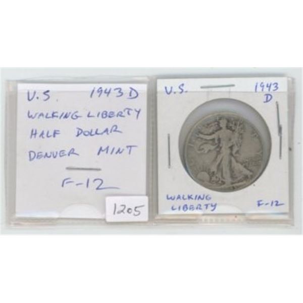 U.S. 1943D Silver Walking Liberty Half Dollar. Denver Mint. F-12.