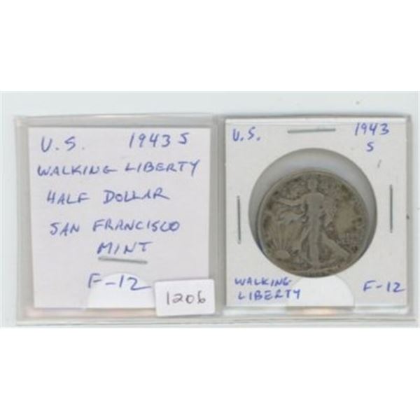 U.S. 1943S Silver Walking Liberty Half Dollar. San Francisco Mint. F-12.