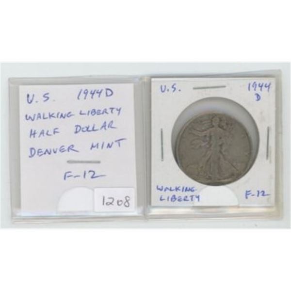 U.S. 1944D Silver Walking Liberty Half Dollar. Denver Mint. F-12.