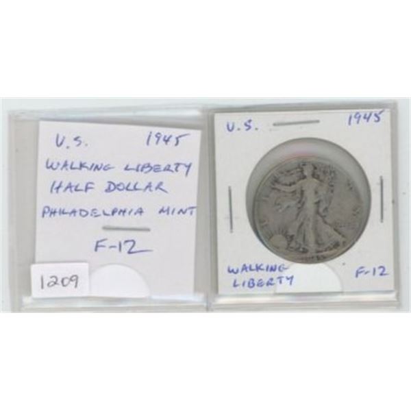 U.S. 1945 Silver Walking Liberty Half Dollar. Philadelphia Mint. F-12.