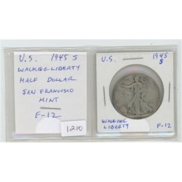U.S. 1945S Silver Walking Liberty Half Dollar. San Francisco Mint. F-12.