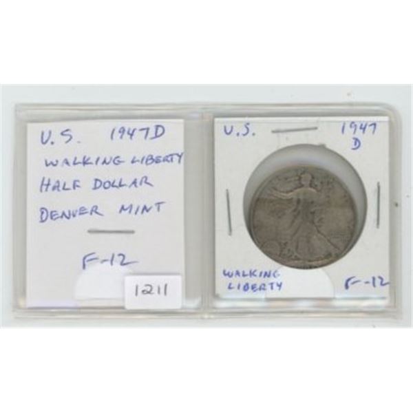 U.S. 1947D Silver Walking Liberty Half Dollar. Denver Mint. F-12.