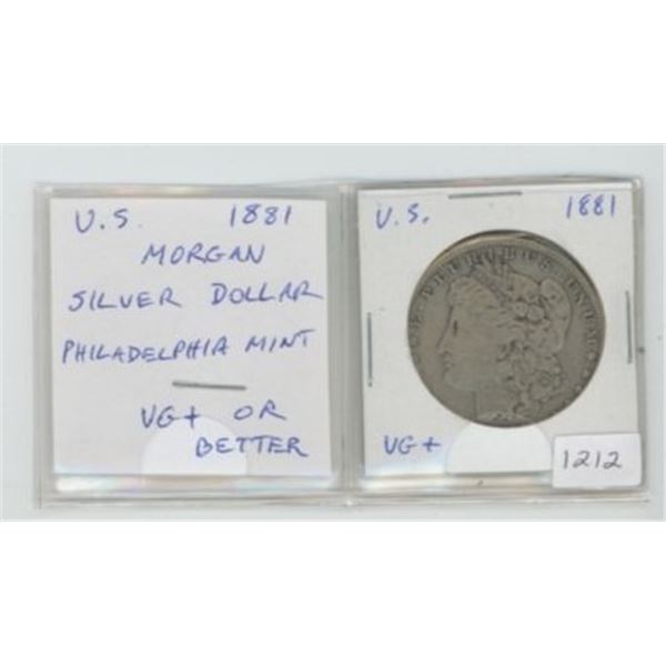 U.S. 1881 Morgan Silver Dollar. Philadelphia Mint. VG+ or better.