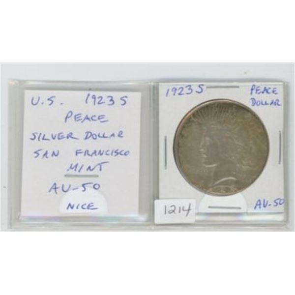 U.S. 1923S Peace Silver Dollar. San Francisco Mint. AU-50. Nicely toned.