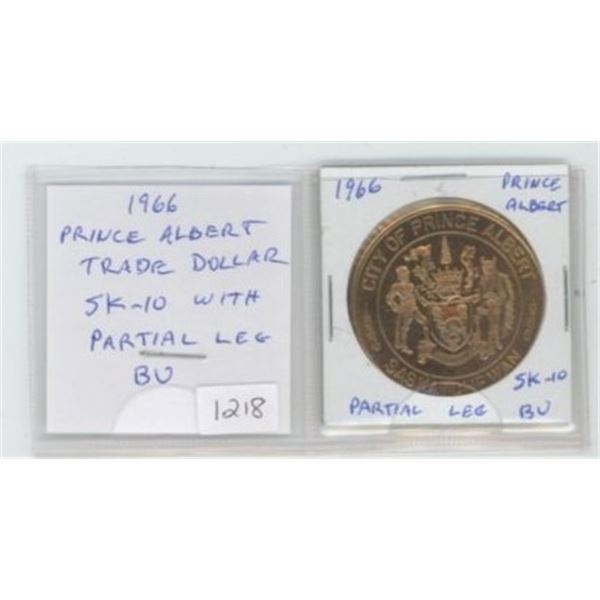 1966 Prince Albert, Saskatchewan Trade Dollar. Partial leg variety on First Nations Chief at right. 