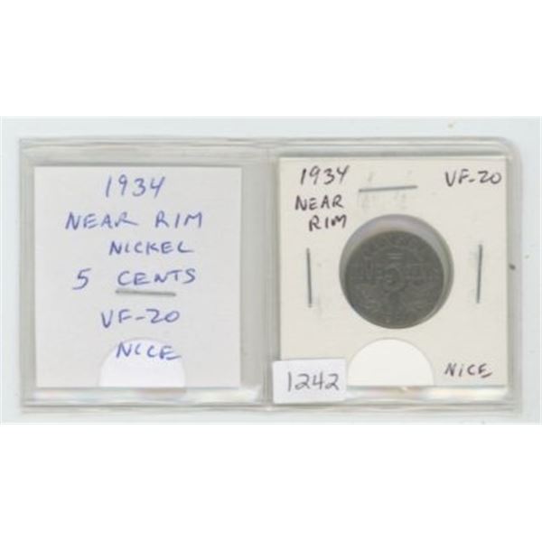 1934 Near Rim Nickel 5 Cents. S is Near Rim. VF-20. Nice.