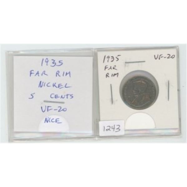 1935 Far Rim Nickel 5 Cents. S is Far from Rim. VF-20. Nice.