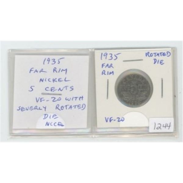 1935 Far Rim Nickel 5 Cents with severely Rotated Die. S is Far from Rim. VF-20. Nice.