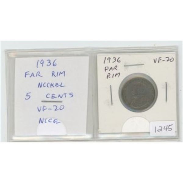 1936 Far Rim Nickel 5 Cents. S is Far from Rim. VF-20. Nice.