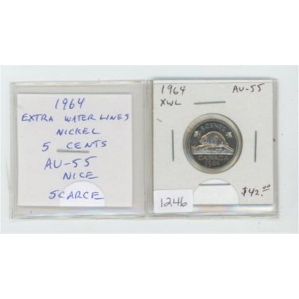 1964 Extra Water Lines Nickel 5 Cents. AU-55. Scarce variety. Nice.