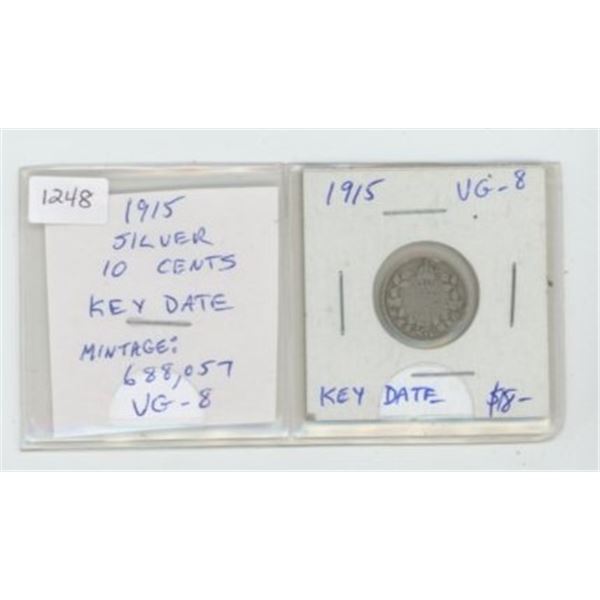 1915 Silver 10 Cents. Issued during World War I. Key Date. Mintage of 688,057. Scarce. VG-8.