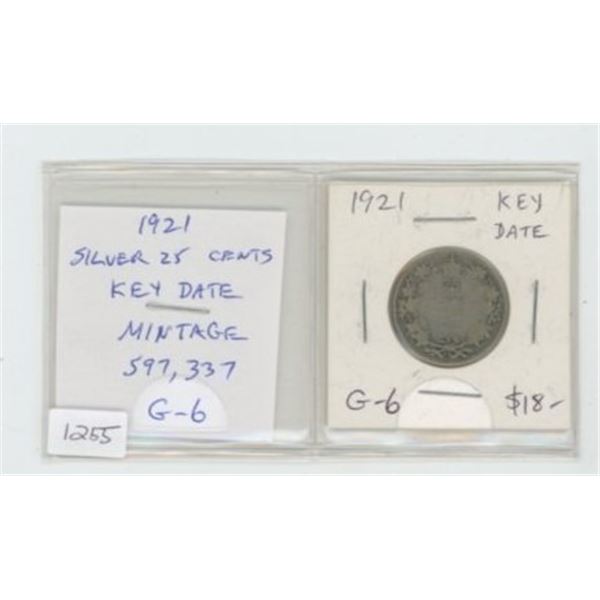 1921 Silver 25 Cents. G-6. Key Date. Mintage of 597,337.