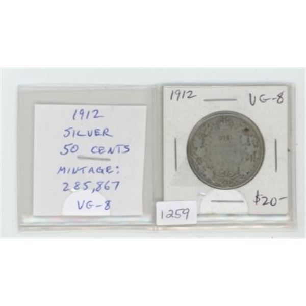1912 Silver 50 Cents. Mintage of 285,867. VG-8.