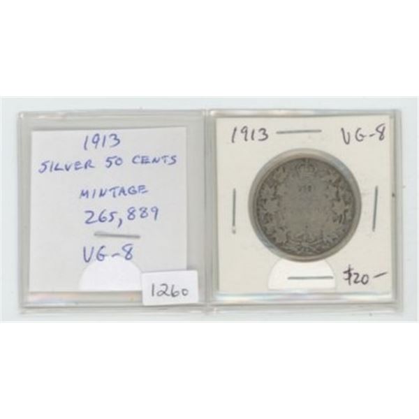 1913 Silver 50 Cents. Mintage of 265,889. VG-8.