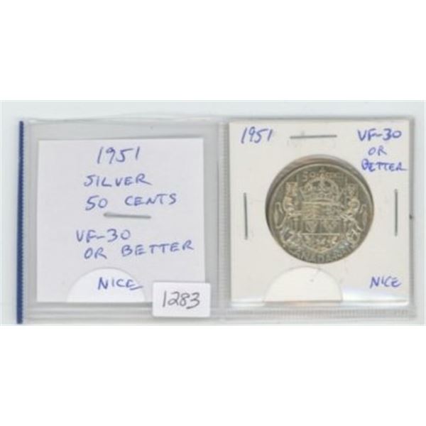 1951 Silver 50 Cents. VF-30 or better.