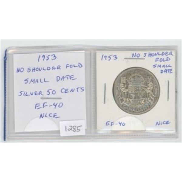 1953 No Shoulder Fold Small Date Silver 50 Cents. EF-40. Nice.