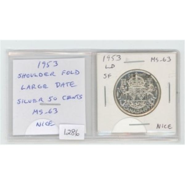 1953 Shoulder Fold Large Date Silver 50 Cents. MS-63. Nice.