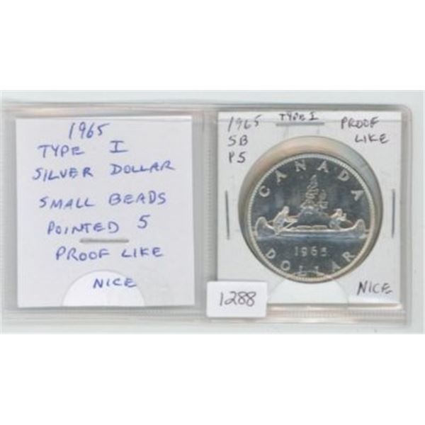 1965 Type I (Small Beads, Pointed 5) Silver Dollar. Proof Like. Bright White. Nice.