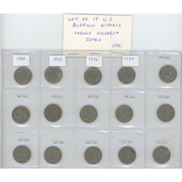 Lot of 15 U.S. Buffalo Nickels. Various grades & dates.