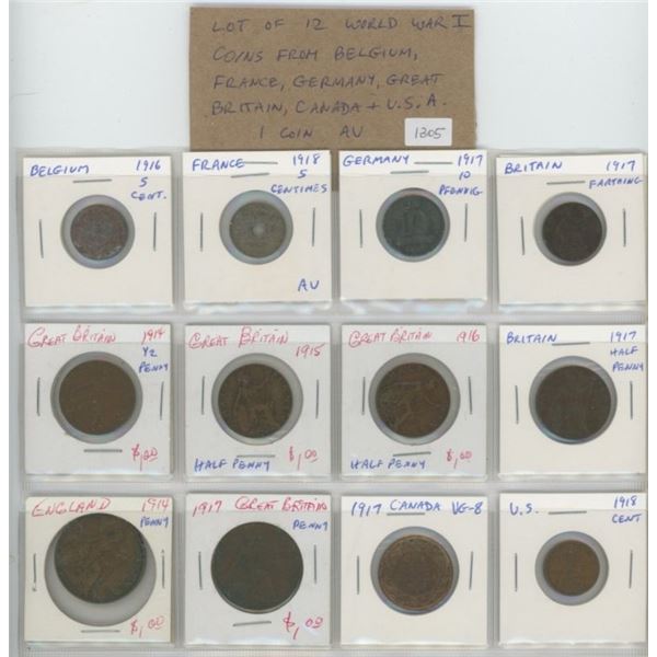 Lot of 12 World War I coins from Belgium, France, Germany, Great Britain, Canada and U.S.A. 1 coin A