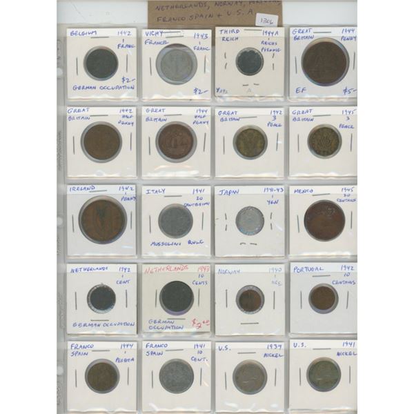 Lot of 20 World War II coins from Belgium under German control, Vichy France, German Third Reich, Gr