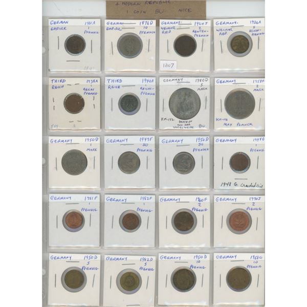 Lot of 20 German coins including German Empire 1901A 1 pfennig & 1876D 10 pfennig, Weimar Republic, 