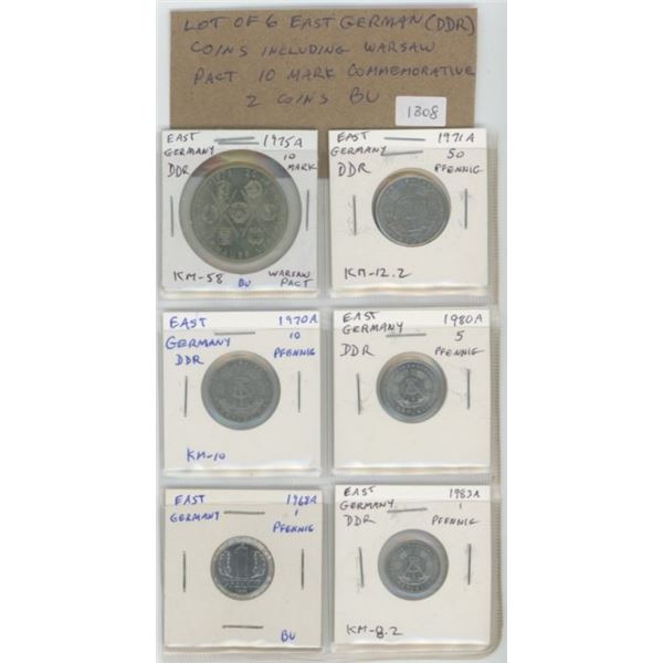 Lot of 6 East German (DDR) coins including 10 Mark commemorating the Warsaw Pact. 2 coins BU. Nice.