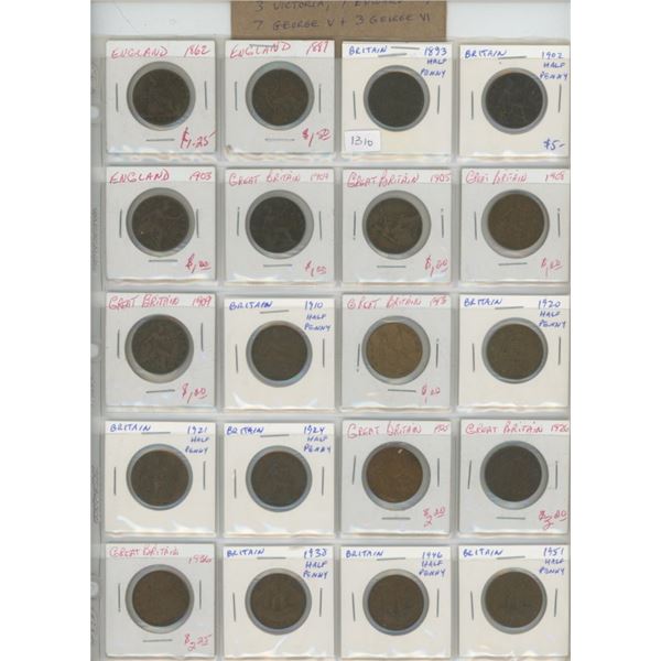 Lot of 20 different British Half Pennies from 1862 to 1951. Includes 3 Victoria, 7 Edward VII, 7 Geo