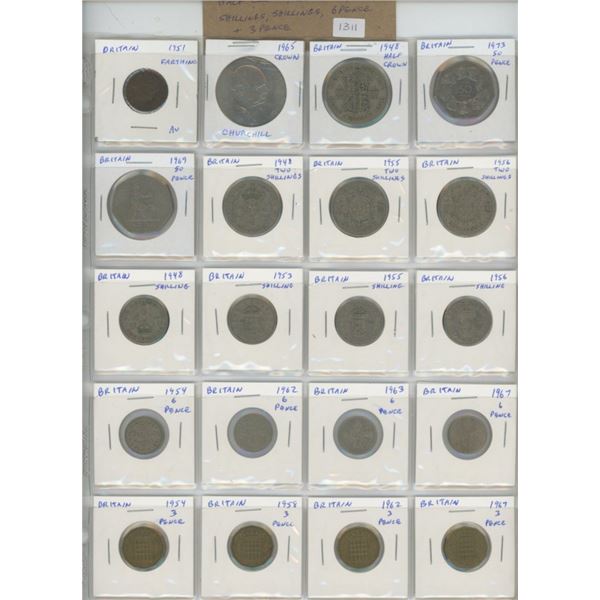 Lot of 20 different British Coins including farthing, crown, half crown, 50 pence, two shillings, sh