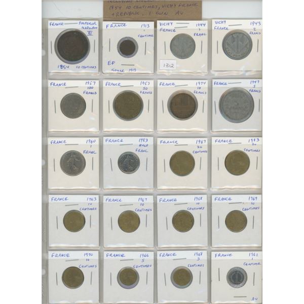 Lot of 20 French coins includes Emperor Napoleon III 1854 10 centimes, Vichy France, and modern Repu