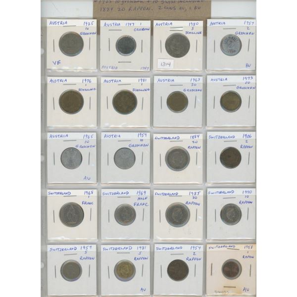 Lot of 20 coins. 10 from Austria (includes 1925 10 groschen) and 10 from Switzerland (including 1884