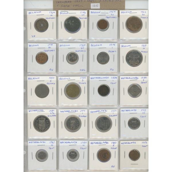 Lot of 20 coins. 10 from Belgium (includes 1904 10 centimes) and 10 from Netherlands (including 1884