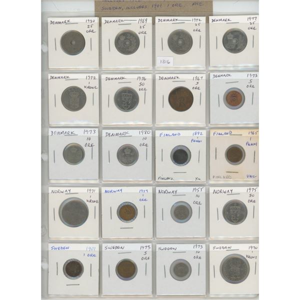 Lot of 20 Scandinavian coins from Denmark (includes 1930 25 ore), Finland (including 1892 1 penni), 