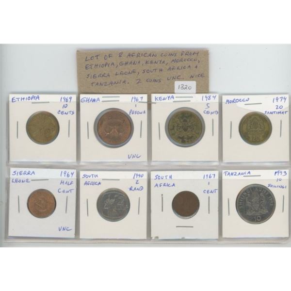 Lot of 8 African coins from Ethiopia, Ghana, Kenya, Morocco, Sierra Leone, South Africa and Tanzania
