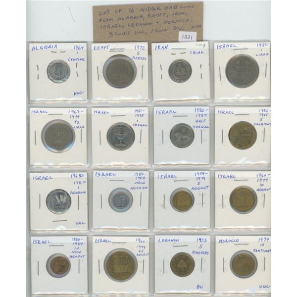 Lot of 16 Middle Eastern coins from Algeria, Egypt, Iran, Israel, Lebanon and Morocco. 3 coins Unc, 