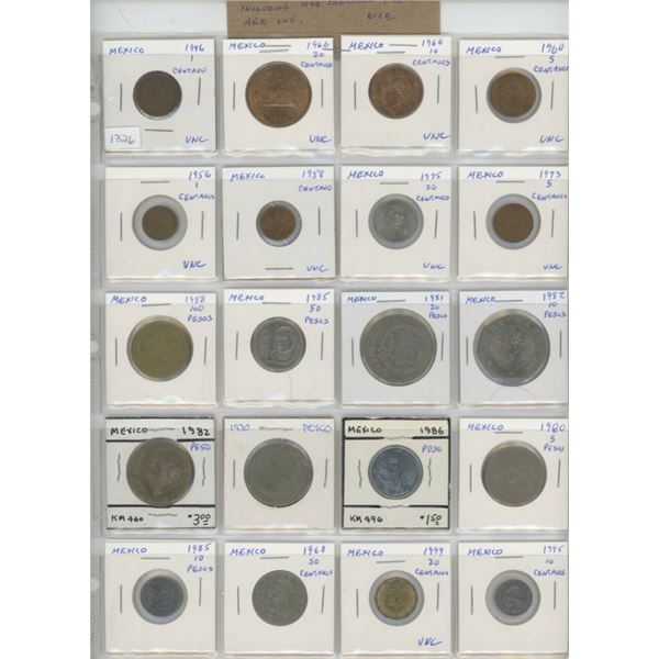 Lot of 20 old Mexican coins including Uncirculated 1946 1 centavo. 9 coins are Unc. A nice selection