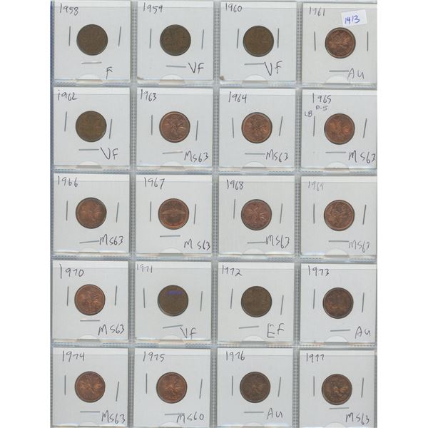 20 X 1958 - 1977 Canadian One Cent Coins