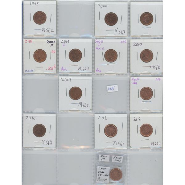 13 x 1998 - 2012 Canadian One Cent Coins