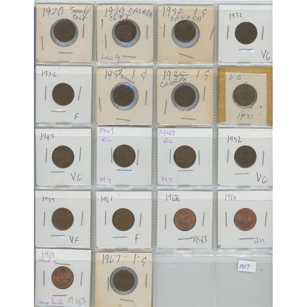 18 X 1920 - 1967 Canadian One Cent Coins