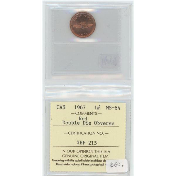 Certified 1967 1 Cent Canadian Coin MS -64