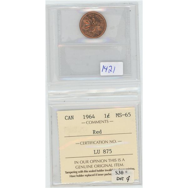 Certified 1964 1 Cent Canadian Coin MS -65